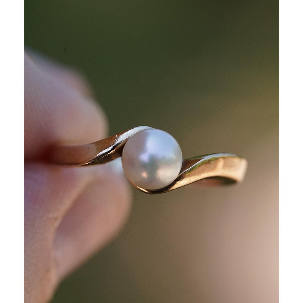 Vintage 14k Solid Gold Natural‎ Cultured Real White Pearl Ring - Twist Size 6